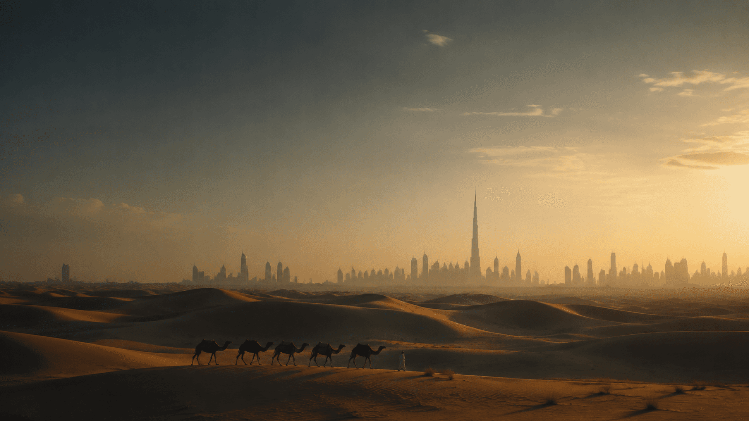 Camel caravan crossing the desert with Dubai on the horizon